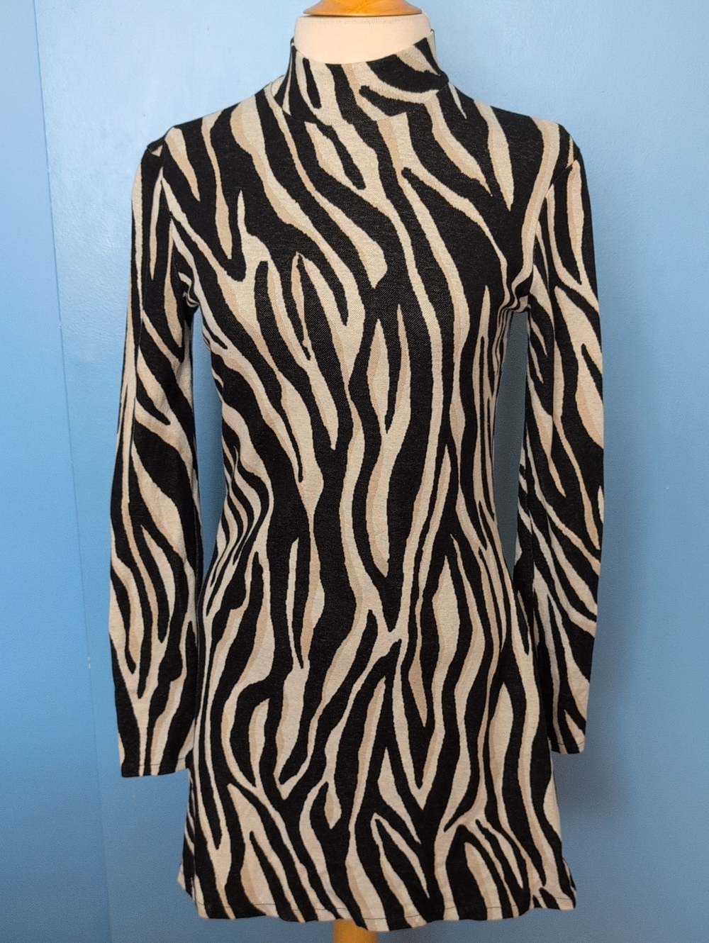 Zara Zebra Print Long Sleeve Mock Neck Bodycon Dress Size S